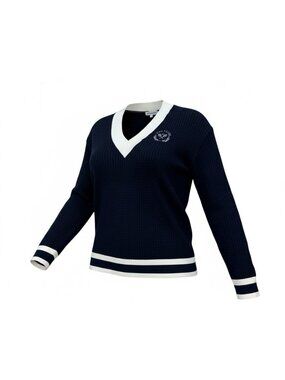 WeWoreWhat Tennis Club Knit Sweater Navy/White XS/S Long Sleeve Pullover V-Neck